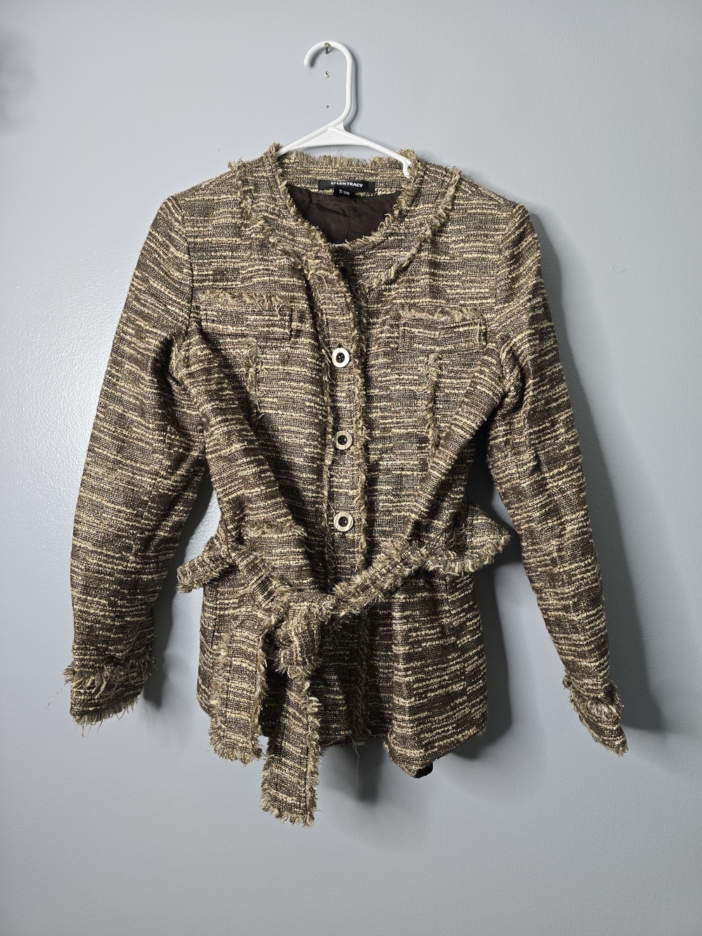 Ellen Tracy Brown Multi Tweed Fringed Belted Jacket